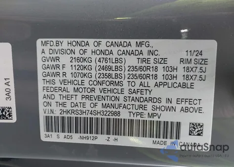 2025 Honda Cr-V Ex-L 2Wd z USA, uszkodzony, nr VIN 2HKRS3H74SH322988